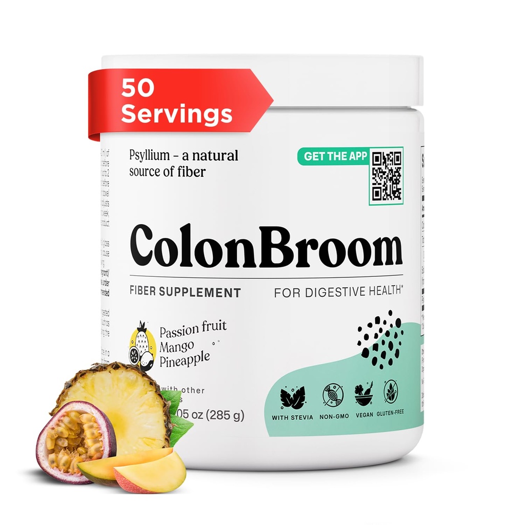 ColonBroom Psyllium Husk Pulver med Stevia (Tropical Fruits) - Colon Cleanse för Bloating Relief & Gut Health - Colon Broom Fiber Powder Drink - Vegan Fiber Powder Stevia Supplement, 50 portioner