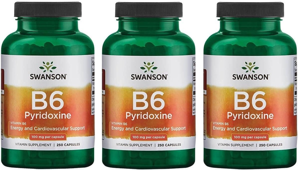 Swanson B6 Pyridoxin - Vitamin Supplement främja kardiovaskulär hälsa och energi metabolism - naturlig formel främjar övergripande välbefinnande - (250 kapslar, 100 mg vardera) 3 Pack