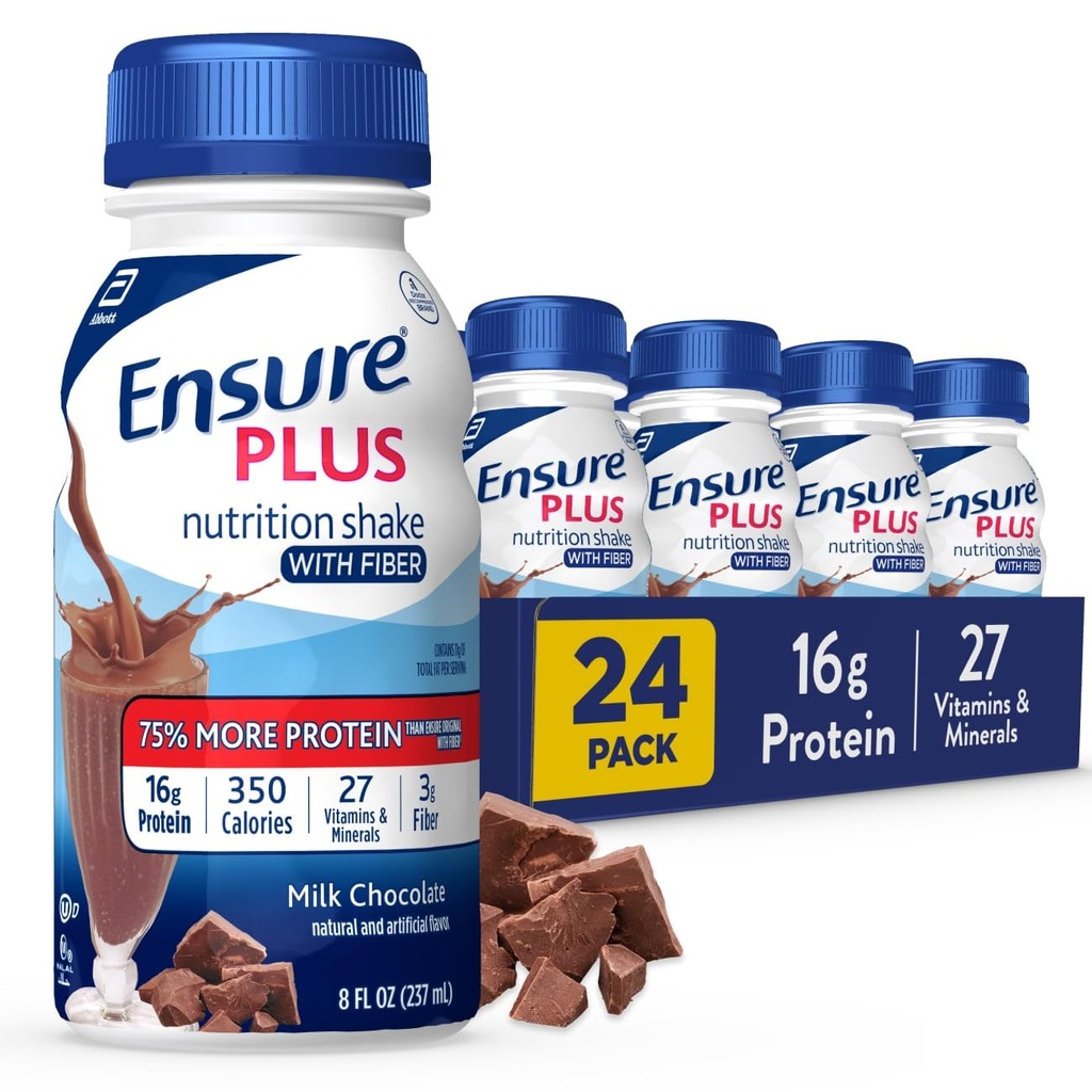 Säkerställ Plus Milk Chocolate Nutrition Shake med Fiber | Meal Replacement Shake | Redo att dricka | 16g Protein och 27 Vitaminer och mineraler | 8 fl oz - 24 Pack