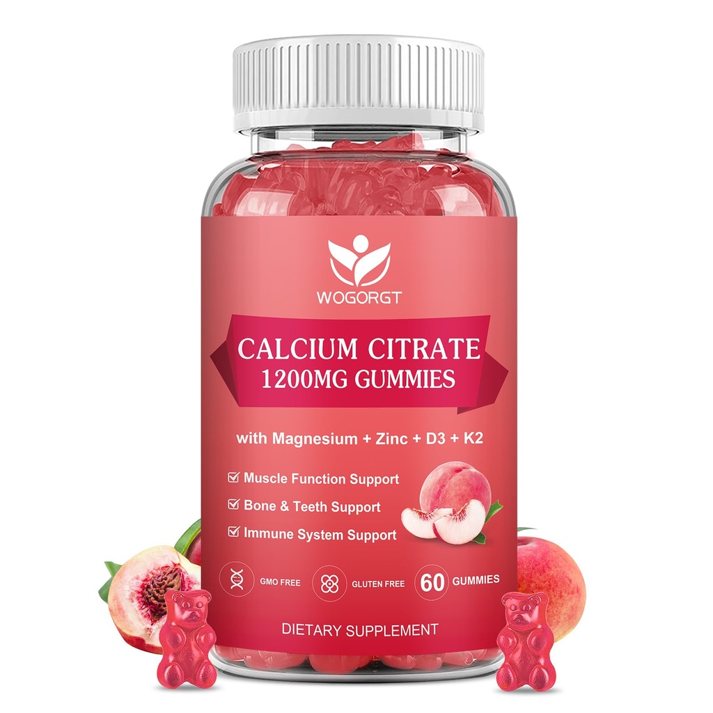 Calcium Citrate 1200mg Gummies med vitamin D3 K2 - Chewable Calcium Magnesium Zinc d3 Tillskott med Sea Moss Extract för ben, tänder, immunstöd för kvinnor och män, White Peach smak - 60 Gummies