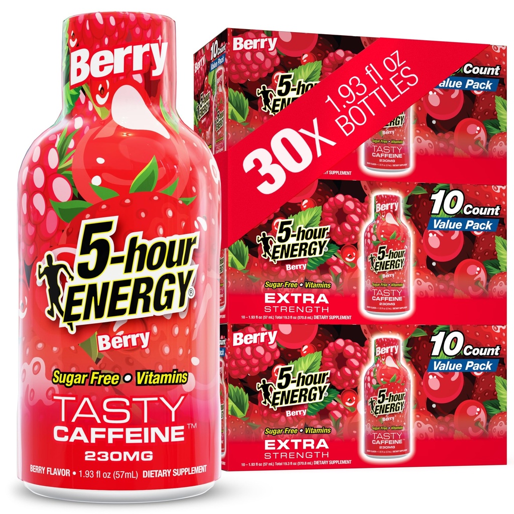 5-timmars ENERGY Shots Extra Strength, Berry Flavor, 30 Count, 1.93 Fl Oz, Sugar Free, Zero Calories, Amino Acids och Essential B Vitamins, Dietary Supplement, Feel Alert och Energized, 230 mg Koffein