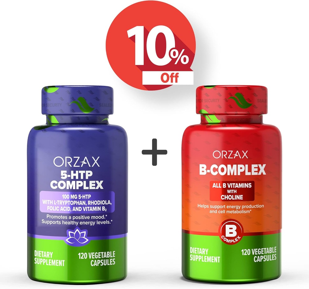 ORZAX 5 HTP Complex 100 Mg 120 Vegatable Capsules och vitamin B Complex, B Vitaminer med kolin & Inositol 120 kapslar, Bundle