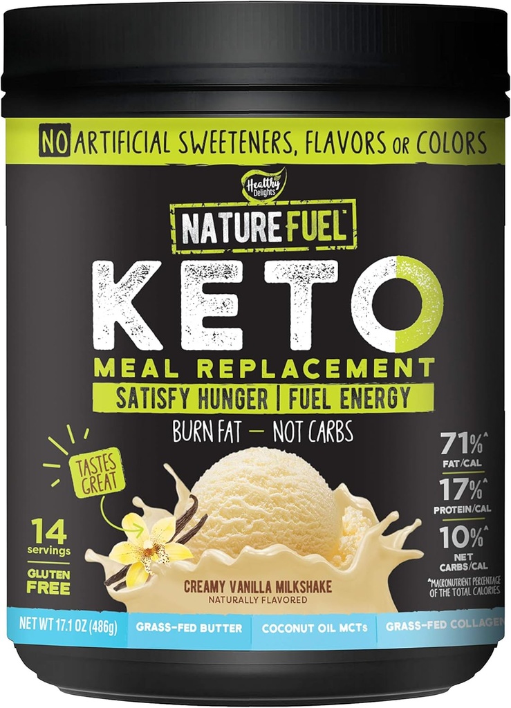 Nature Fuel Keto Meal Replacement Powder - Gluten fri med kokosolja MCT och gräsmatad smör - Creamy Vanilla Milkshake - 14 portioner - Pantry Friendly, 17.1 Fl Oz