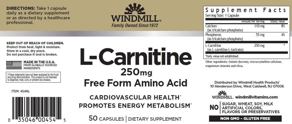 Windmill L-Carnitine 250 mg kapslar 50 greve (3 Pack)