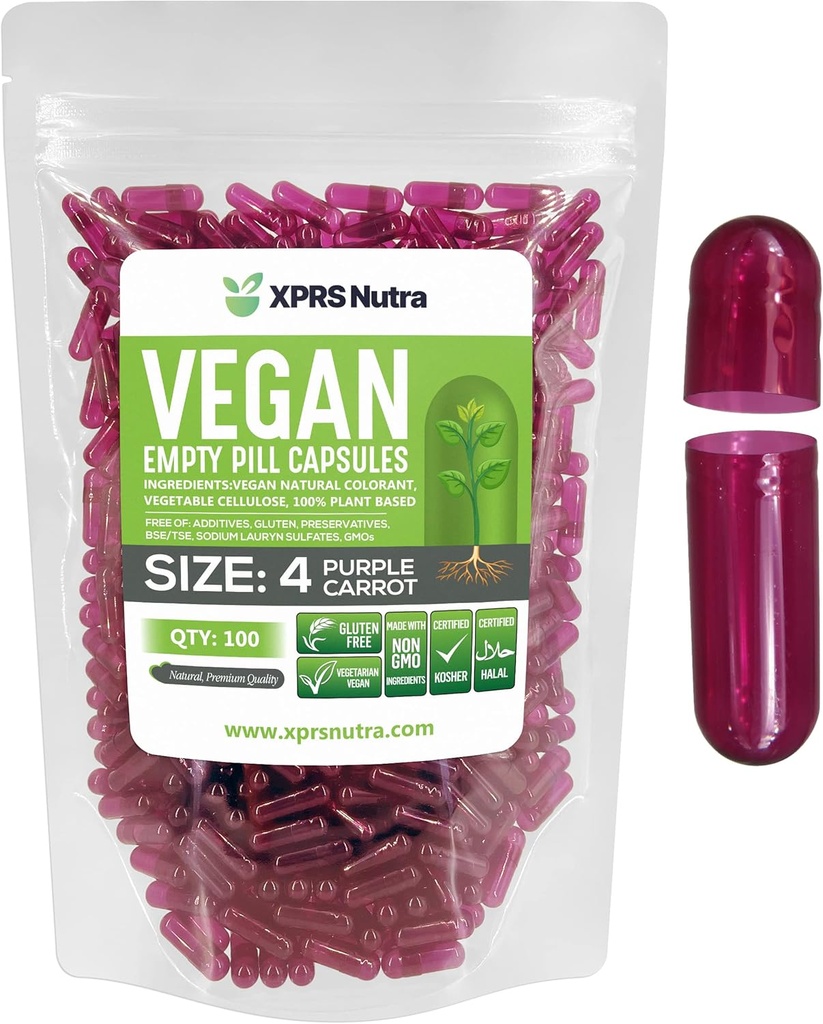 XPRS Nutra Size 4 Tomma kapslar - 100 greve små tomma Vegankapslar - Vegetariska piller - DIY Vegetabilisk kapselfyllning - Fillable Do-It-Yourself Veggie Caps for Supplements (Purple Carrot)
