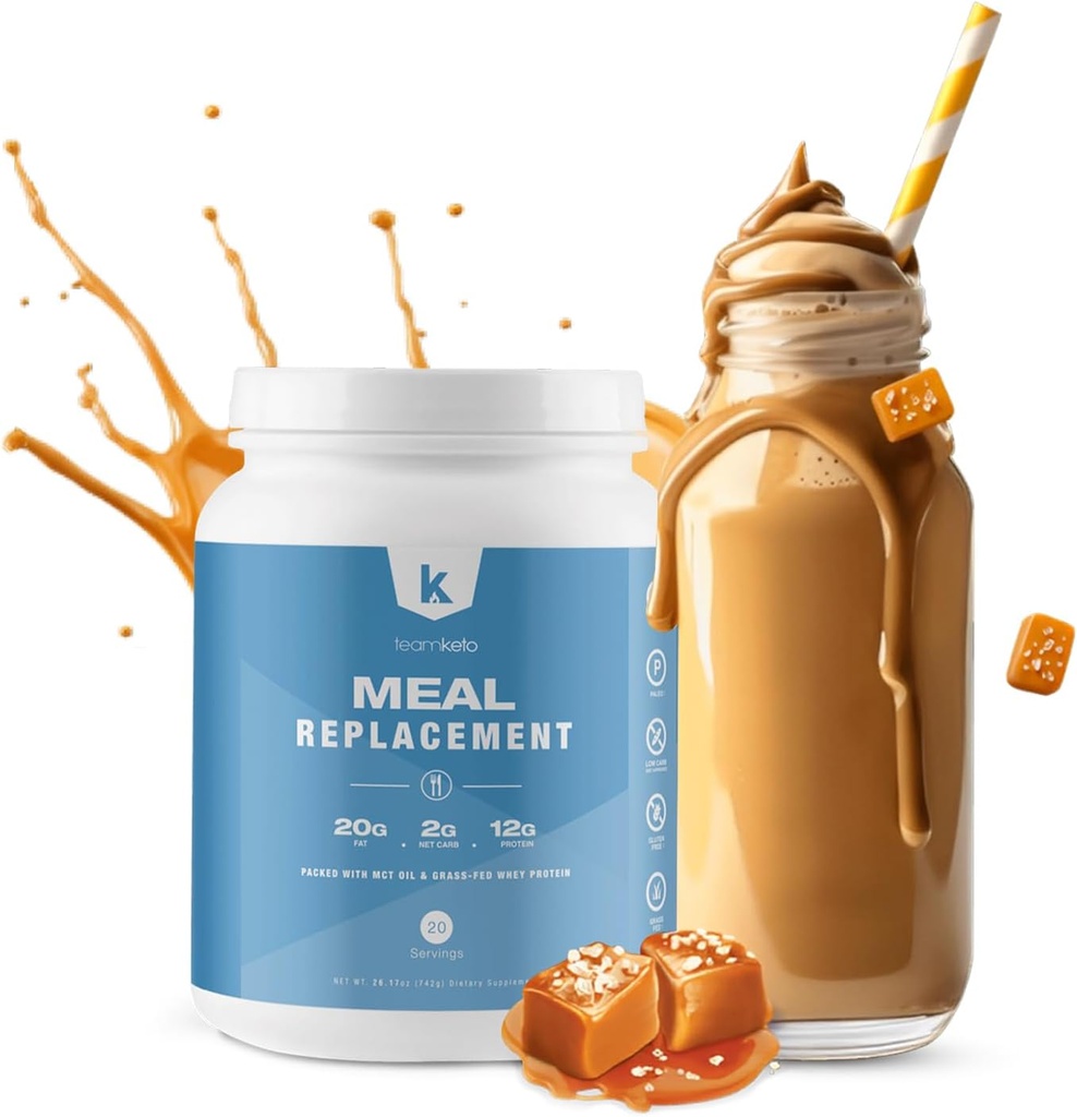 TeamKeto Meal Replacement Powder Gluten Free innehåller MCT-pulver, kokosolja, gräsmatad vassleproteinpulver och 100% naturliga smaker för Boost Ketosis- Low Carbs & Energy Boost- 742g- Salted Caramel