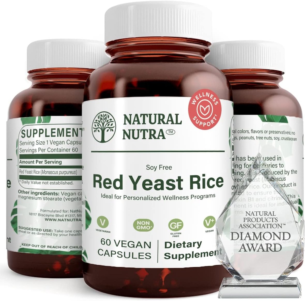 Natural Nutra Red Yeast Rice Extract, Cardiovascular Support, hjälper till att förbättra immuniteten, hjälper till att upprätthålla kroppsfetter och hjärthälsa, förbättra matsmältningen, Gluten fria tillskott, 600 mg 60 kapslar (3 Pack)