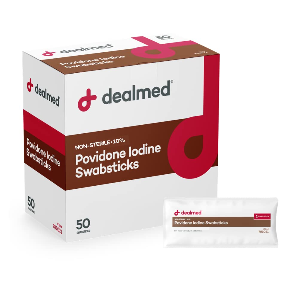 Dealmed Povidone Iodine 10% Swabsticks - Individuellt förseglade paket Perfekt för sårvård och bärbara First Aid Kits, 50/Box (Pack of 1)