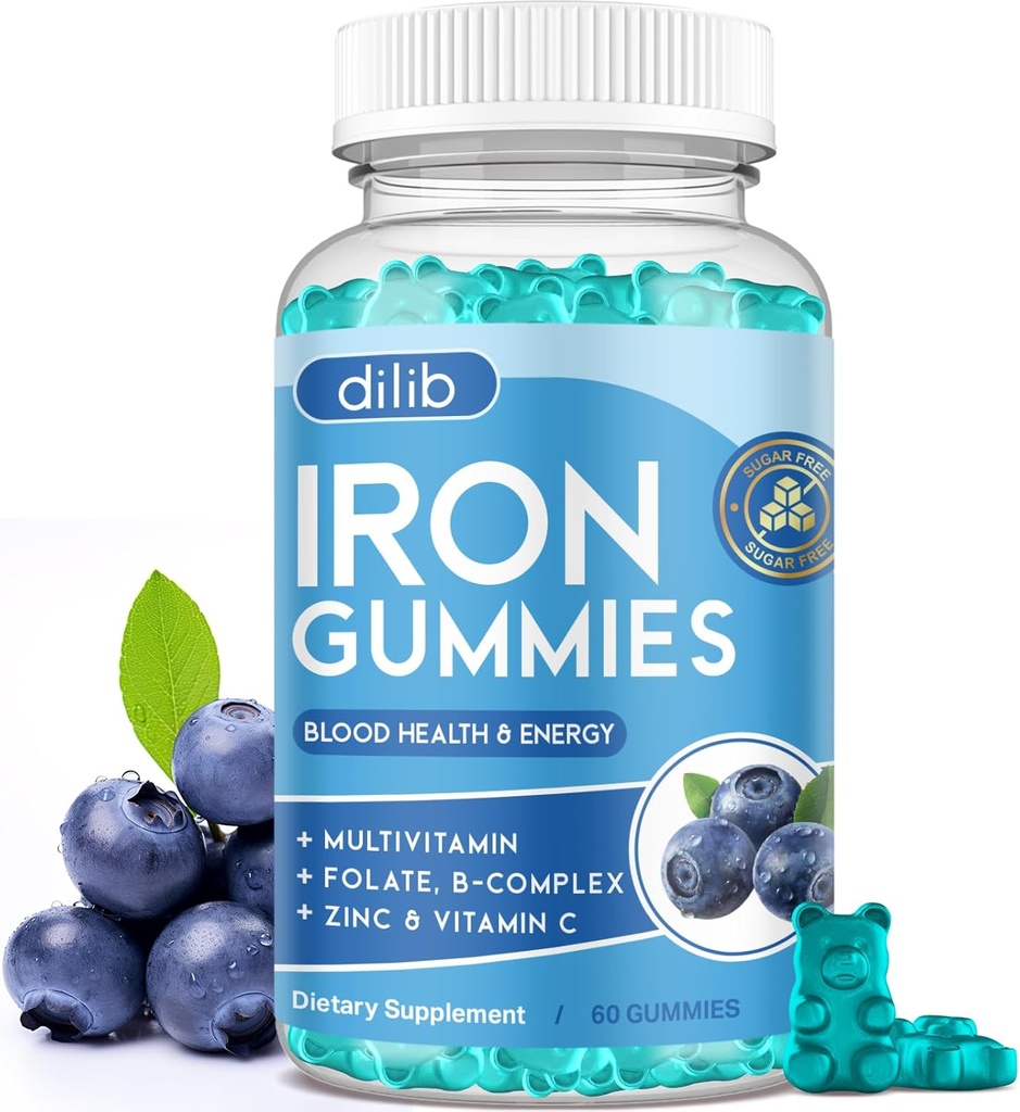 Järngummies med multivitamin, järntillskott för kvinnor och män med zink, vitamin B Complex & C, B12, folat - Blodbyggare och energistöd för vuxna och barn - Blueberry Flavor, Vegan 60 Gummies