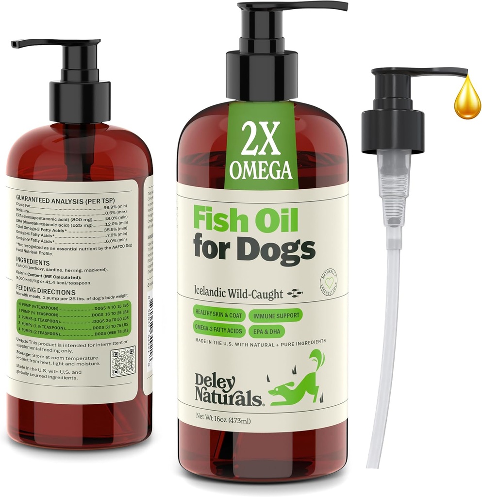 Deley Naturals Dog Fish Oil Icelandic 2X Omega - Dog Itching Skin Relief med Omega 3 6 9 för allergier, Coat & Heart - Omega 3 Fish Oil för hundar hudirritation - 16oz Omega Oil för hundar tillverkade i USA