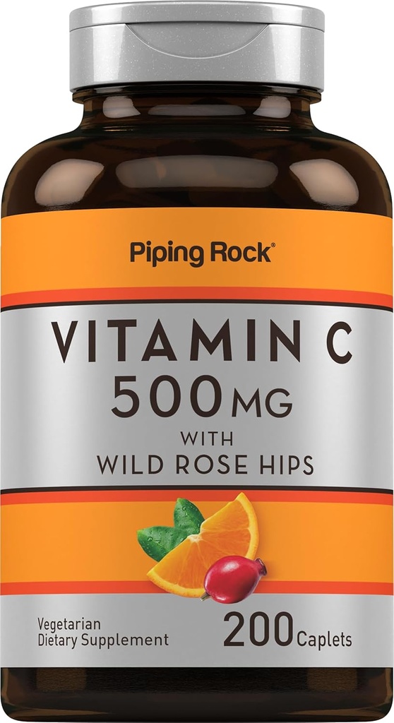 Piping Rock Vitamin C | 500mg | 200 Caplets | med Rose HIPS | Vegetarian, icke-GMO, Gluten Free Supplement