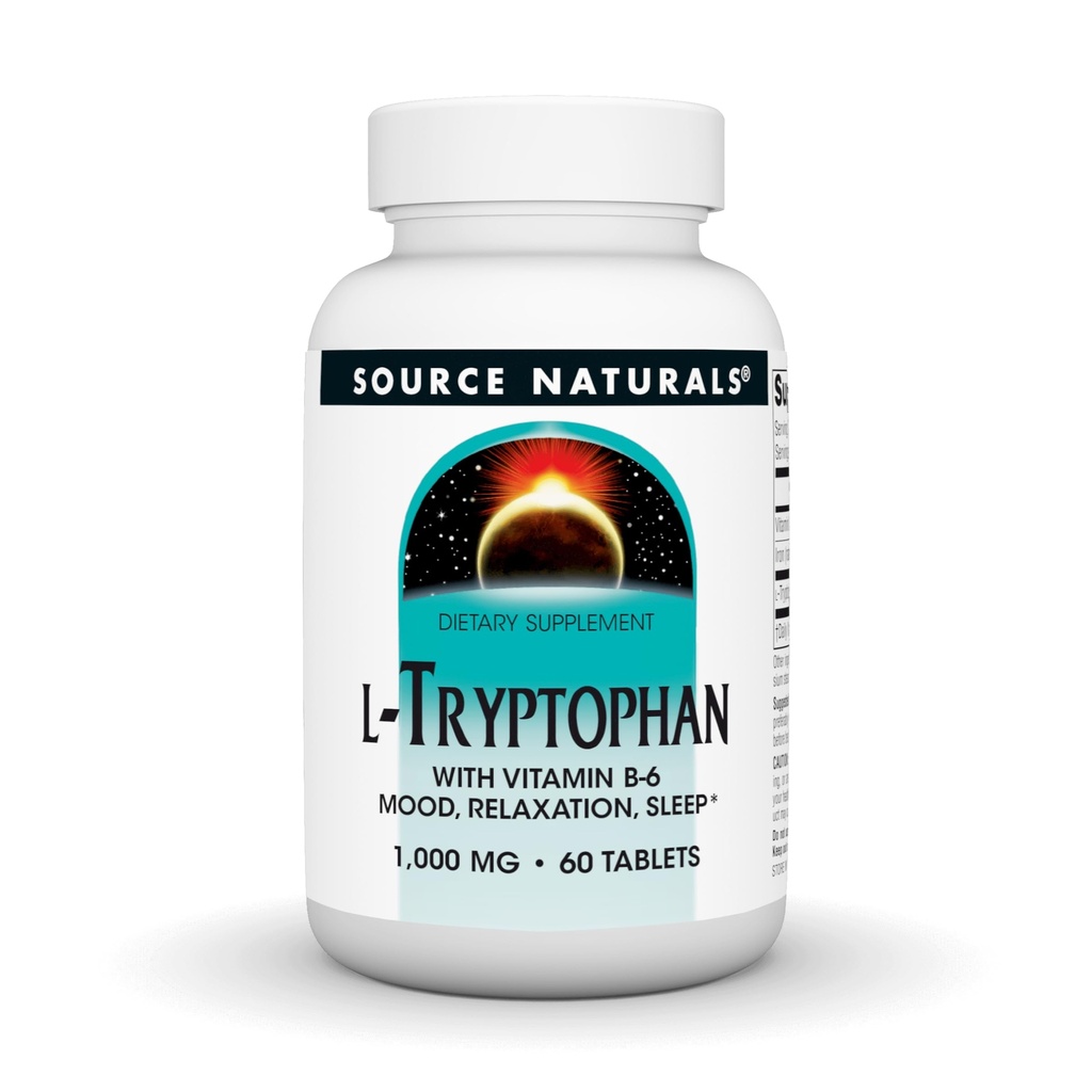 Källa Naturals L-Tryptophan med vitamin B-6 - Stöd humör, avkoppling och sömn - 1000mg - 60 tabletter