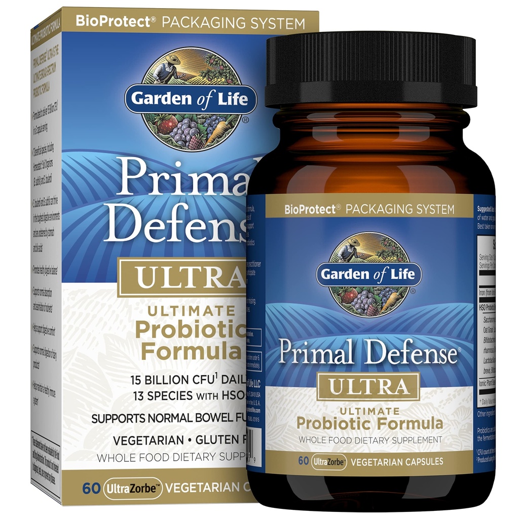 Garden of Life Probiotics for Digestive Health and Gut Health Balance, Primal Defense Ultra Ultimate Formel, 15 miljarder CFU och 13 Strains Plus HSOs, Vegetarian och Gluten Free, 60 Capsules