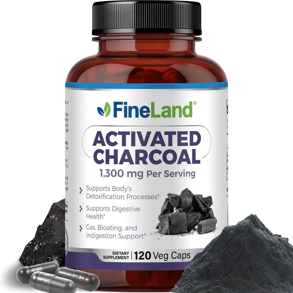 FineLand Aktiverad Charcoal 1300mg - Avancerad Digestive Detox Cleanse, hjälper till med gas och uppblåsthet, cirkulation och kolesteroal support - Tillverkad i USA, 120 Vegan piller