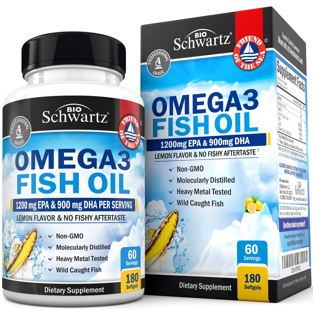 Triple Strength Omega 3 Fish Oil Supplement - 2250mg EPA DHA Omega 3 Fatty Acids från Fresh Wild Caught Fish, Burpless Lemon Flavor Formel Supports Eye Health och mer, Gluten Free, 180 Softgels