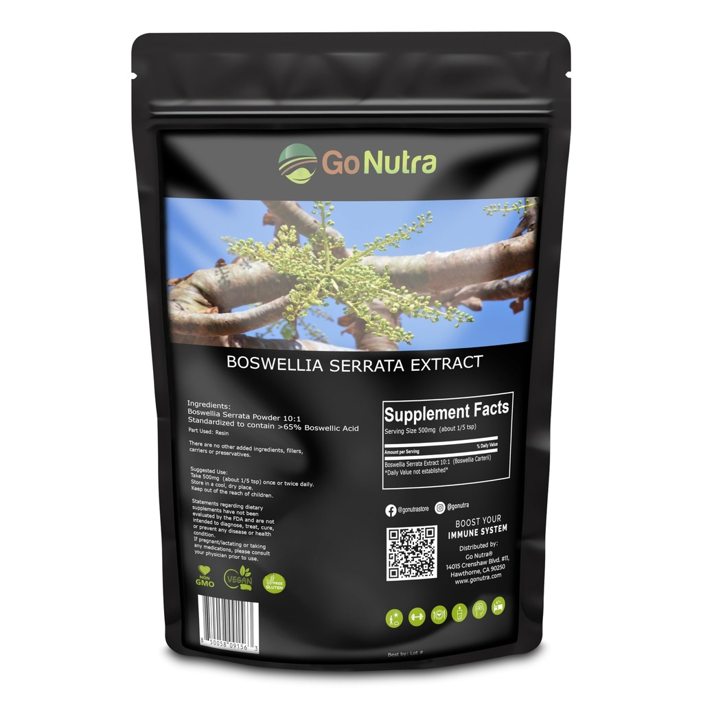 Gå Nutra Boswellia Serrata Extract Powder 10:1 Styrka 65% Boswellic Acid Frankincense Supplement Joint Support - 8 oz.