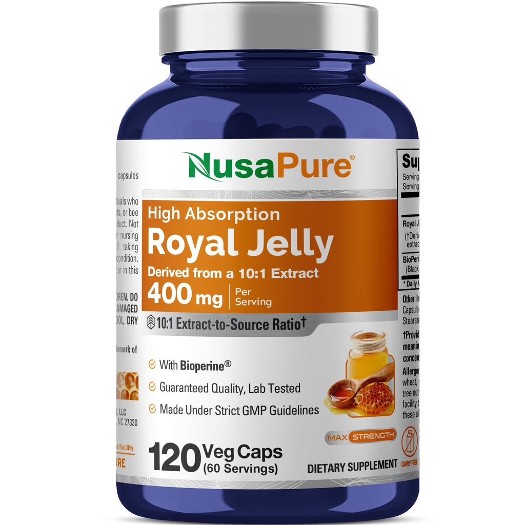 NusaPure Royal Jelly 10:1 Extract, 400 mg Equivalent till 4000mg - 120 Veggie Capsules (Non-GMO, Gluten Free, Bioperine)