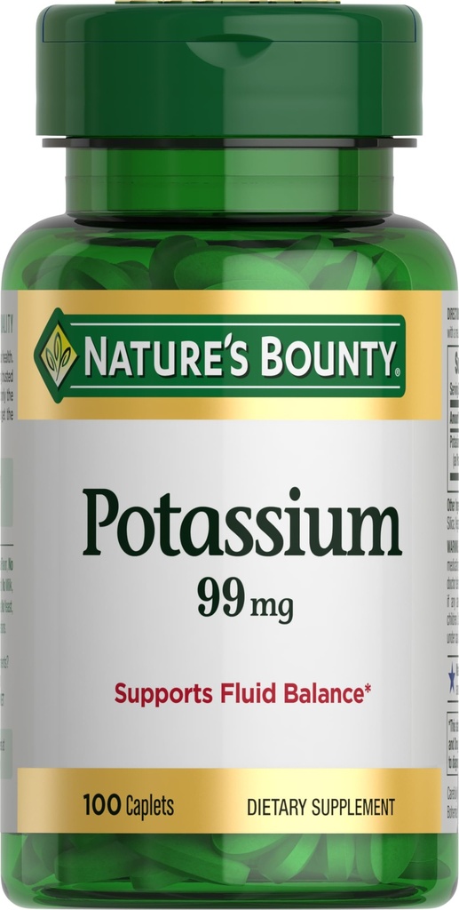 Naturens Bounty Potassium 99mg, stöder flytande balans och muskelaktivitet, involverad i normal hjärtfunktion, kaliumglukonat kosttillskott, glutenfri, 1 per dag, 100 vegetariska fångar
