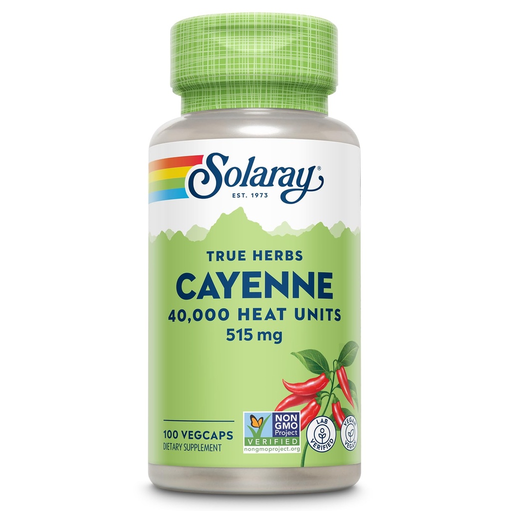 SOLARAY Cayenne Pepper Capsules med Capsaicin - Capsaicin Supplements for Powerful Wellness Support - 40.000 värmeenheter per VegCap - Vegan, icke-GMO, Gluten-Free, 60-dagars garanti, 100 portioner