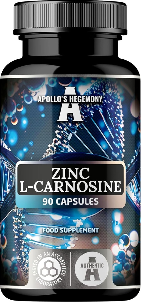 Zinc L-Carnosine 37.5mg per Capsule, 90 Vegan Capsules, 3 Months Supply, Zinc Supplement and Amino Acid Beta-Alanine, by Apollo's Hegemony.