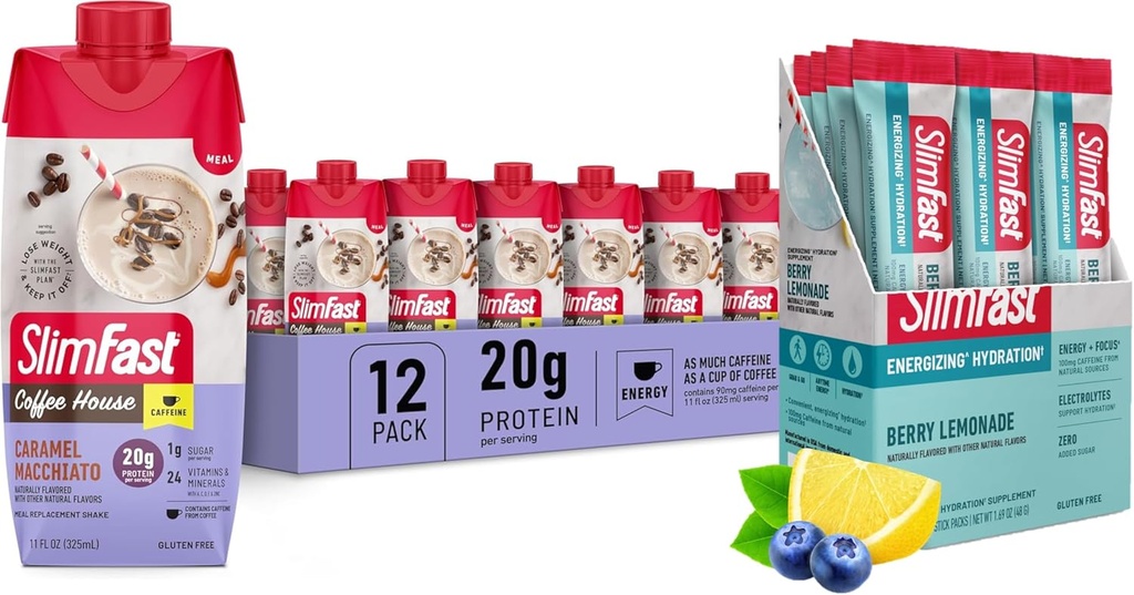 SlimFast Bundle: Intermittent Fasting Electrolytes, Energy Powder Drink Mix, koffein från naturliga källor - Berry Lemonade (12 greve) + High Protein Meal Replacement Shake, Caramel Macchiato, 12 Pack