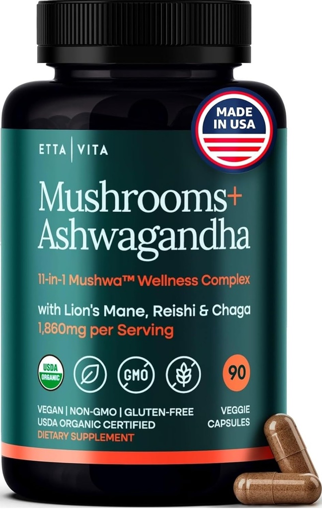 USDA Organic Lions Mane Supplement Capsules med Ashwagandha, Chaga, Reishi, Cordyceps, Turkiet Tail (18.600mg/serv) 10x Adaptogenic Mushroom Complex som Focus Supplement - Energi, immunitet & Nootropic