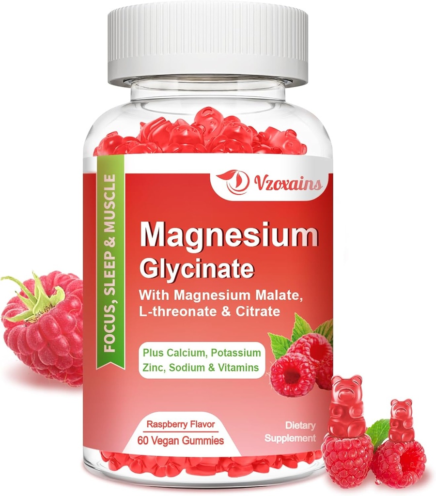 Magnesium Glycinate Gummies 600 mg, Magnesium Gummies för vuxna och barn, stöd för avkoppling och muskel, 60 hallon smaksatta gummies