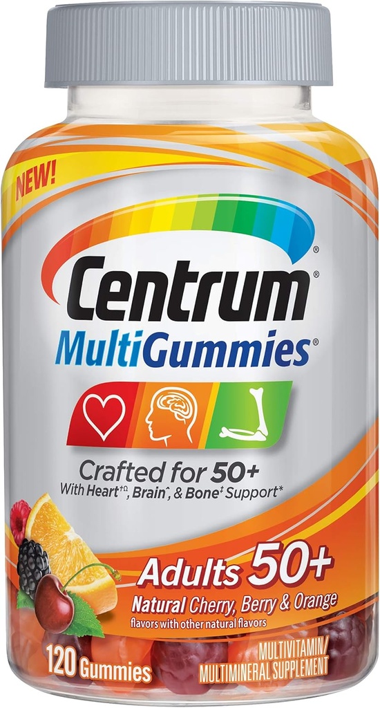 Centrum MultiGummies vuxna (120 greve, Natural Cherry, Berry, Orange Flavor) Multivitamin/Multimineral Supplement Gummies, Vitamin B12, D, E, Age 50+