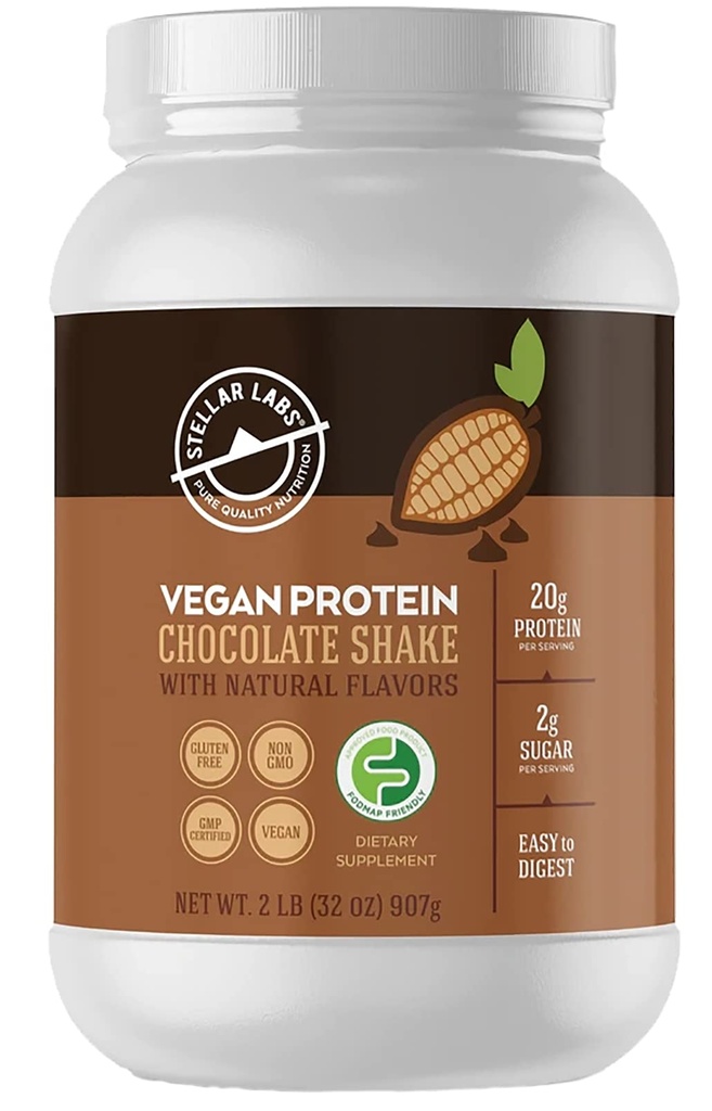 Stellar Labs Vegan Protein Powder med BCAA & Antioxidanter | Certified Low FODMAP, Non GMO, Gluten Free, Soy Free, Low Carb, med Stevia | Lean Plant Based Protein Powder Shakes | Choklad