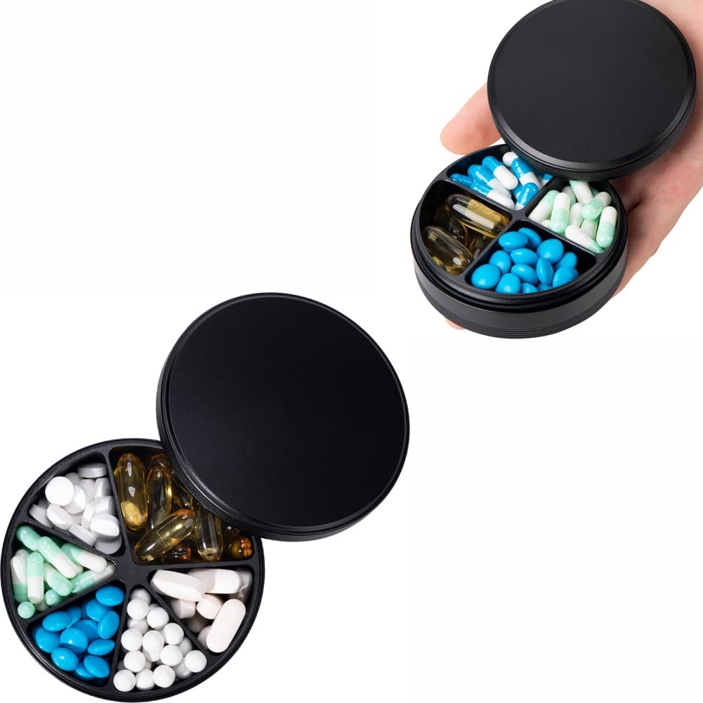 6 Compartment Pill Organizer & 4 Compartment Pill Box - Vattentät Metal Pill Organizer, Aluminiumlegering Round Daily Medicine Container för vitamin, medicin, tillägg, fiskolja
