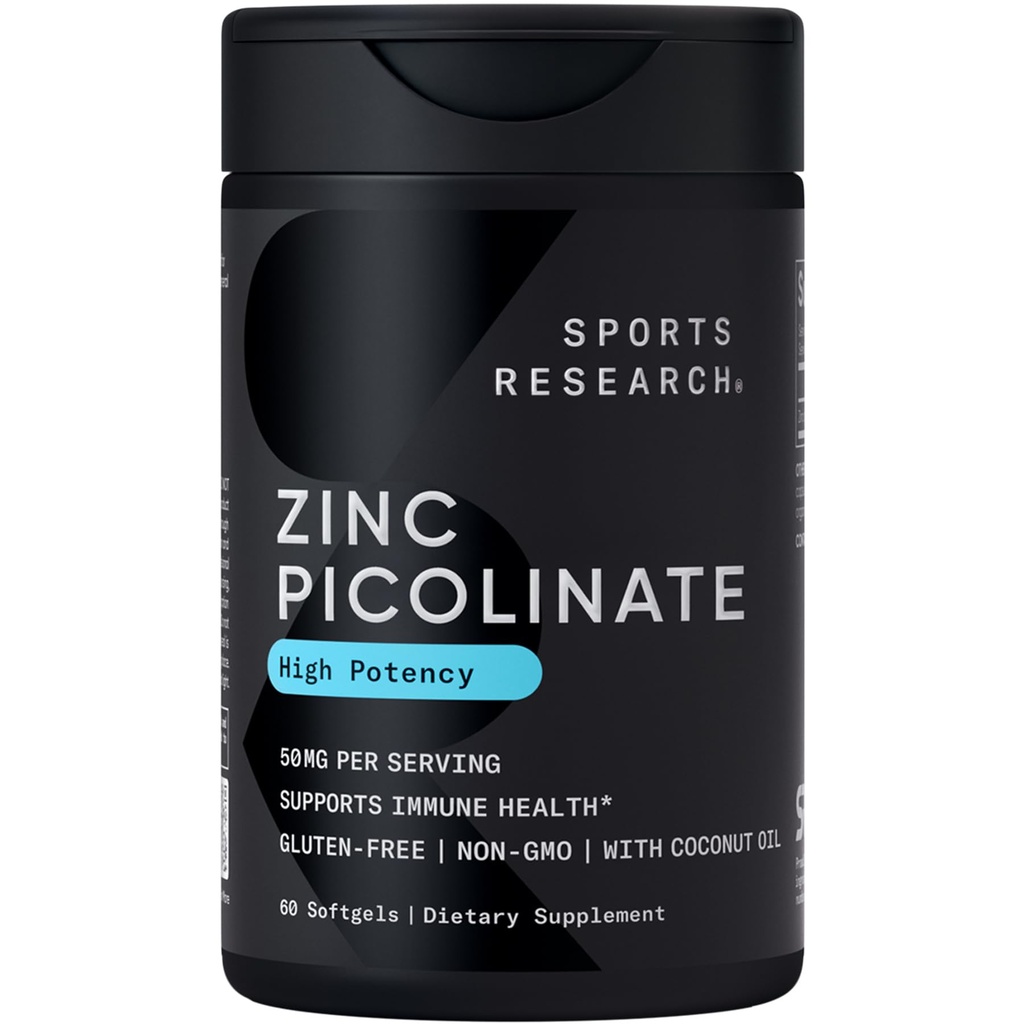 Sportforskning Zink Picolinate 50mg med organisk kokosnötolja | Mycket Absorbable Zink Supplement för hälsosam immunfunktion - Non-GMO Verified, Gluten & Soy Free (60 Liquid Softgels)