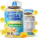 Vegan Omega-3 Gummies 1000mg + Turmeric - Omega 3 Fish Oil Alternative for Adults - Algae DHA 600mg & EPA 300mg, Vitamins A, C, E, Zinc & MSM, Sugar Free, 60 Cts