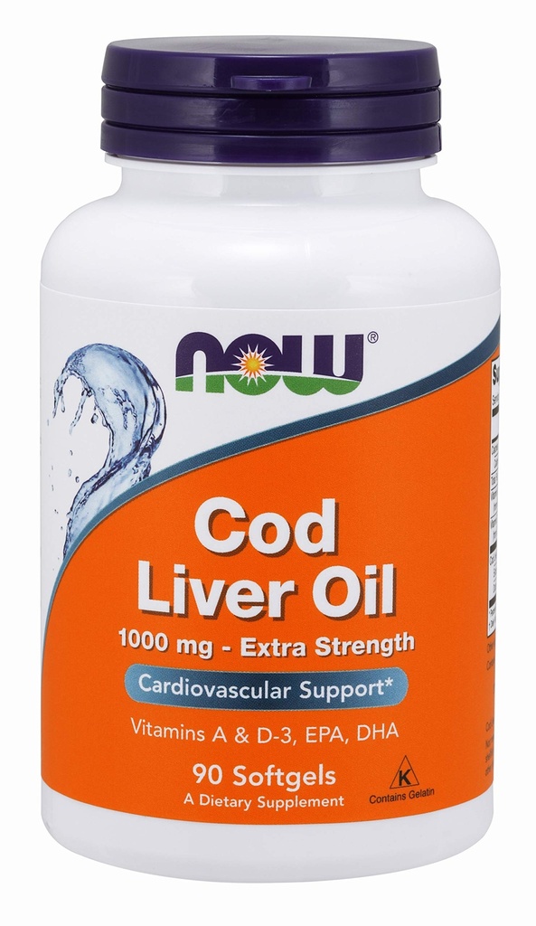 Nu livsmedelstillskott, torskleverolja, extra styrka 1000 mg med vitamin A & D-3, EPA, DHA, 90 Softgels