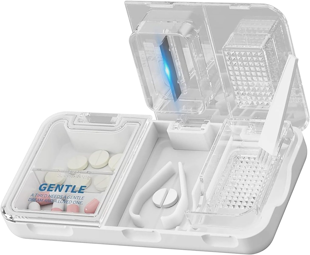 CFMOUR 3-i-1 Pill Cutter Splitter för små och små piller, Crusher, Grinder för stor, daglig användning, säkert skär piller, vitaminer, tabletter, noggrann och enkel skärning, Travel Sized, White