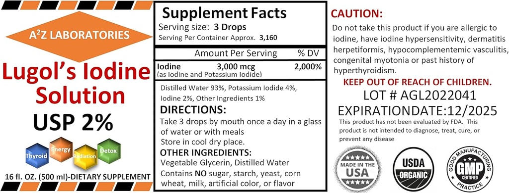 A2Z Organic Lugol's Iodine and Potassium Iodide 2% Solution 3000 mcg - Liquid Supplement Drops för sköldkörtelstöd för kvinnor och män, Metabolism Health, Detox Boost -16 Fl Oz/USA/Ships Today! (2 PK)