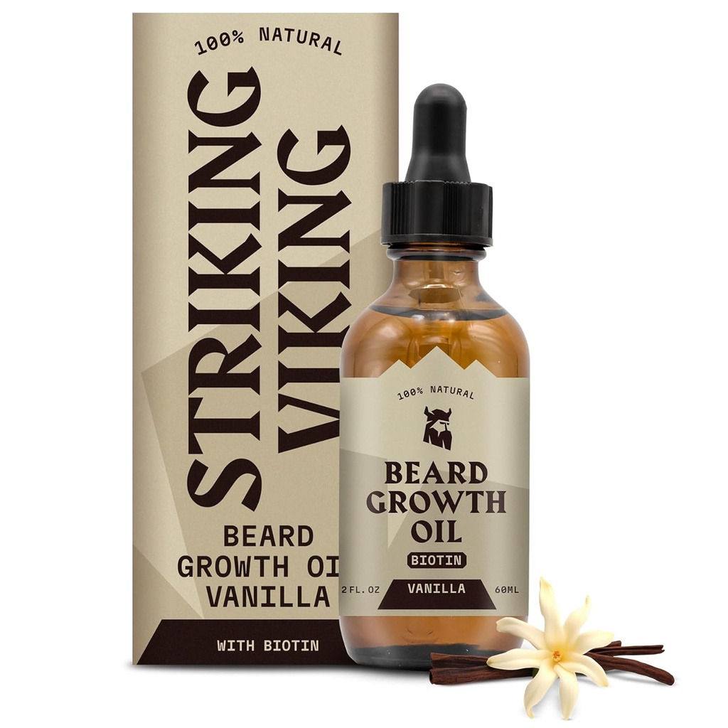 Slående Viking Beard Growth Oil med Biotin - 2 Fl Oz, Vanilla - Tjockning, Conditioning Biotin Beard Oil Serum för män med Argan & Jojoba - Facial Hair Growth Serum för Män