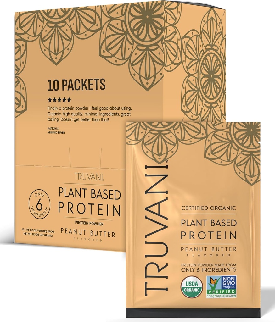 Truvani Vegan Pea Protein Powder | jordnötssmör | 20g Organic Plant Based Protein | Single Serving Travel Packets | 10 Servings | Keto | Gluten & Dairy Free | Low Carb | No Added Sugar