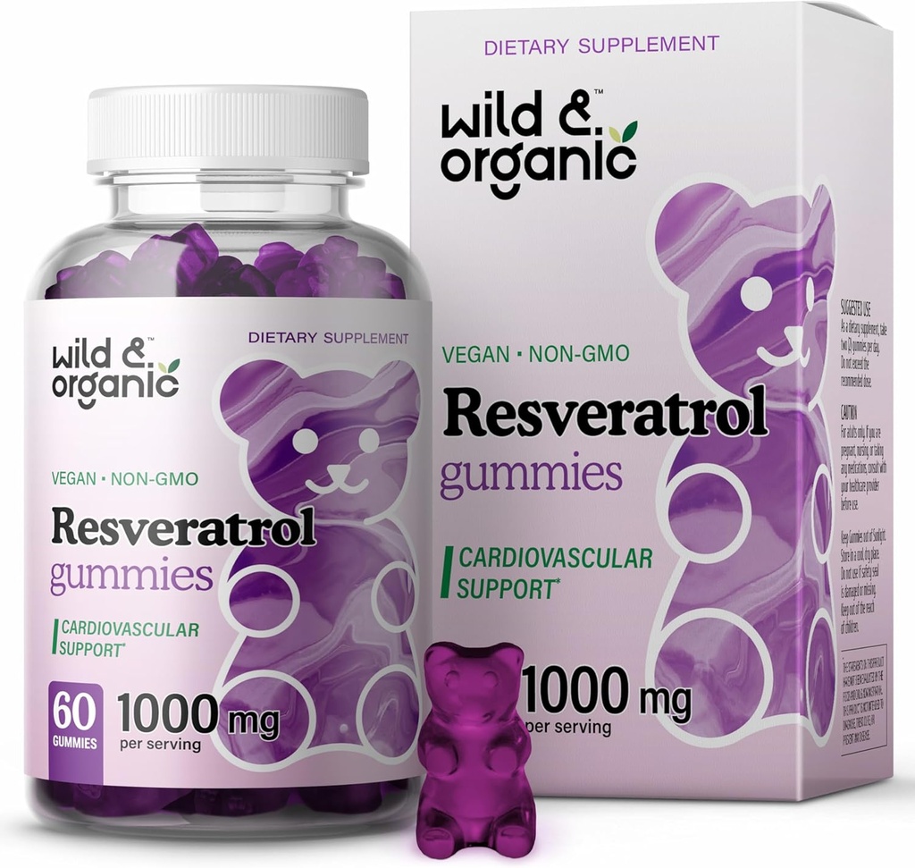 Wild & Organic Resveratrol Gummies 1000mg - Trans Resveratrol Supplement för antioxidant, hjärna, immunstöd - 60 Vegan, icke-GMO Antioxidant Gummies