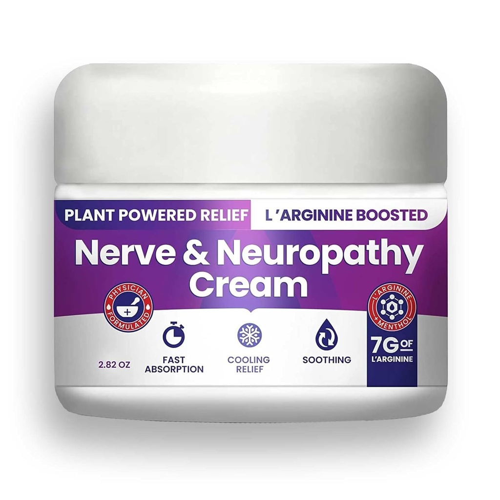 Nerve och Neuropathy Cream - Plant Powered Relief for Foot, Hands, Legs, Toes innehåller 7gram L'Arginine; Vitamin B6, Arnica, Aloe -2.82oz