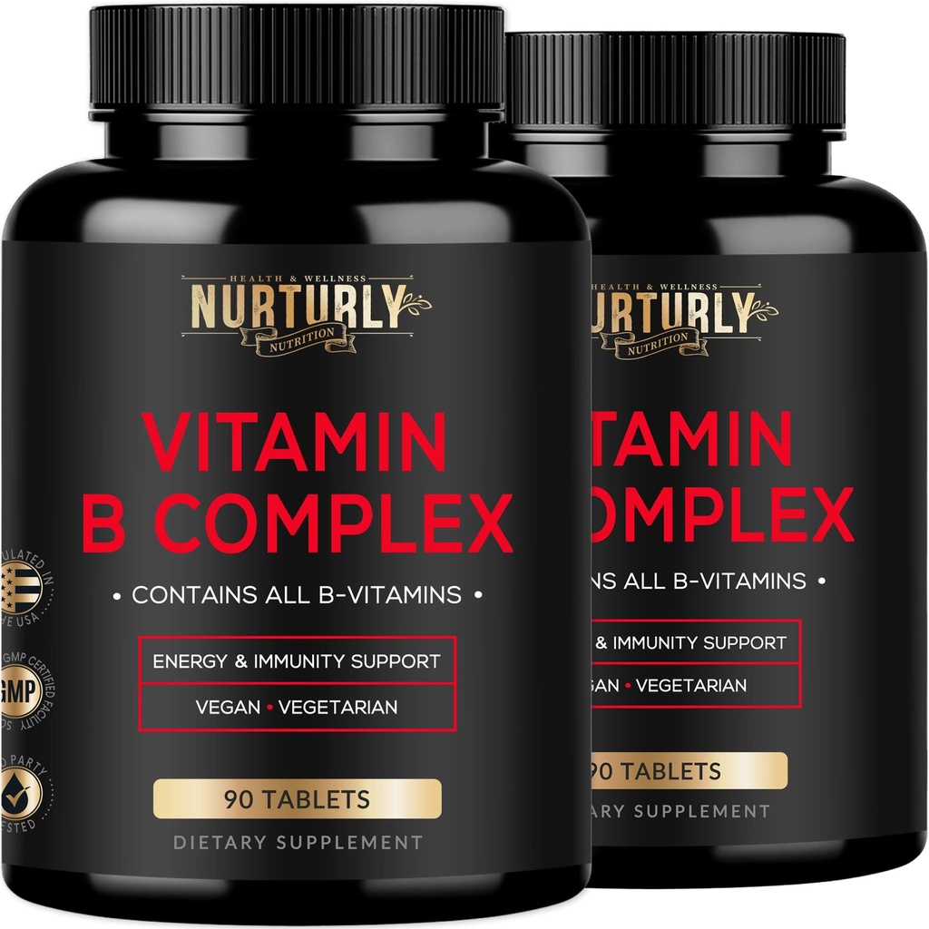Vitamin B-komplex - Innehåller alla väsentliga B-vitaminer - B1, B2, B3, B5, B6, B7, B9, B12 och Biotin - Super B-komplex vitaminer för energi, immunitetsstöd - 180 tabletter
