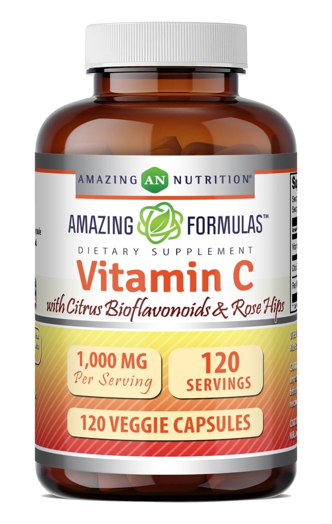 Fantastiska formler Vitamin C (Ascorbic Acid) 1000 Mg med Rose HIPS & Citrus Bioflavonoids | Veggie Capsules Supplement | Non-GMO | Gluten Free | Made in USA (120 Count)