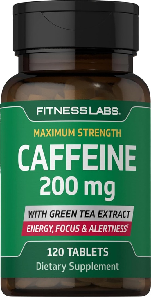 Fitness Labs koffeinpiller | 200mg | 120 tabletter | med grönt teextrakt | Maximal styrka tillskott | Vegetarisk, icke-GMO, Glutenfri