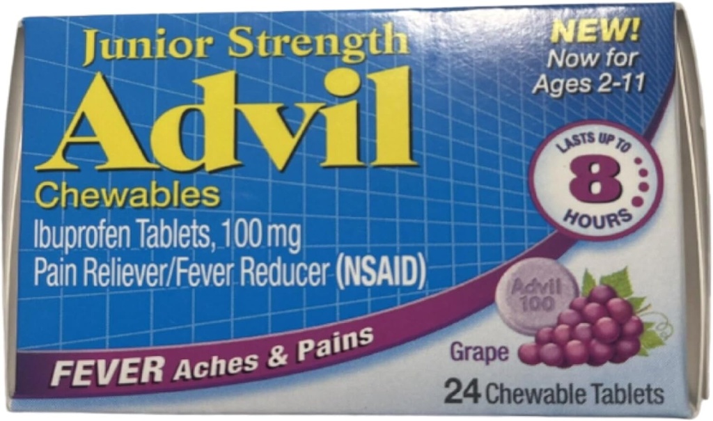 Advil Junior Chewable Ibuprofen tabletter, Grape 100mg, 24 tabletter varje (Pack of 4)