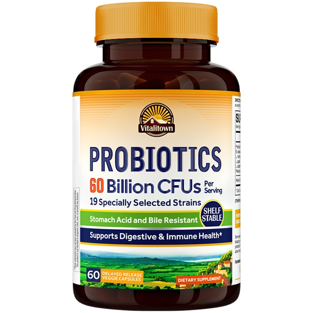 Vitalitown Probiotics + Prebiotika | 60 miljarder CFUs 19 Strains | 60 fördröjda frisättning Veg Caps | Shelf Stable, Prebiotika och probiotika | Digestive Health, Immune Health | Vegan, Non-GMO, No Dairy