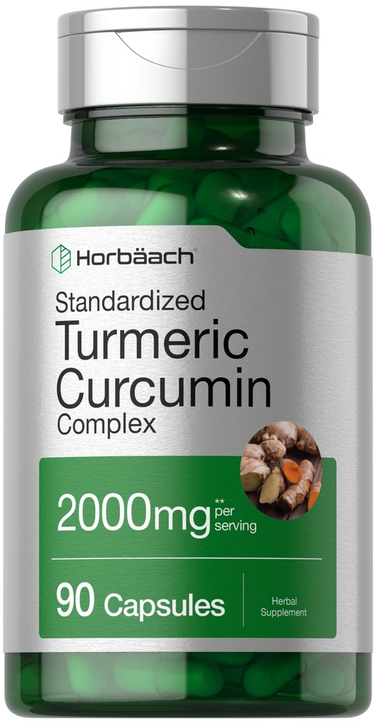Horbäach Turmeric Curcumin Supplement 2000mg | 90 kapslar | Komplex med Black Pepper | Non-GMO, Gluten Free