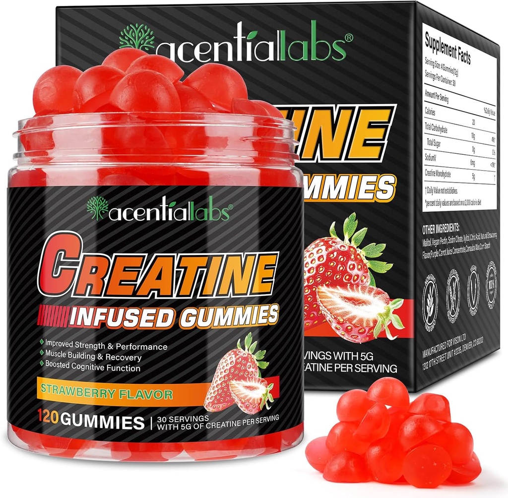 Kreatinmonohydrat Gummies Kreatinmonohydrat per servering Chewable Kreatin för muskelbyggare, energiökning, 120 Gummies
