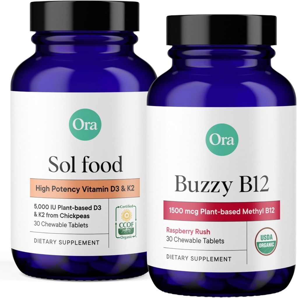 Ora Organic Vitamin D3 5000IU + K2 & Vitamin D3 2000IU Bundle: Vegan Vitamin D från Lichen och K2 från Chickpeas, 30 Chewable Tablets + Vegan Vitamin D från Lichen för Benhälsa, 30 Vegan tabletter