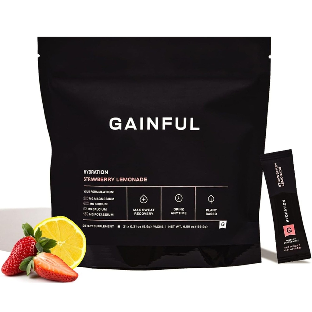 Gainful Hydration Powder Packets, koffeinfritt med Key Electrolytes Magnesium och natrium, energistöd, låg socker, jordgubbslemonad, 21 Sticks