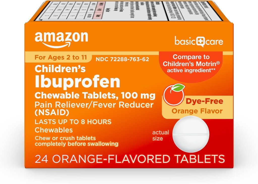 Grundläggande vård Barns Ibuprofen Chewable tabletter, smärtstillande och feberreducer, orange smak, ålder 2-11, varar upp till 8 timmar, 100 mg, 24 greve