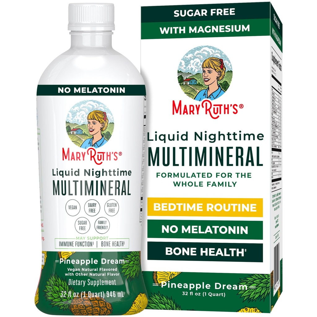 MaryRuth Organics Liquid Nighttime Multimineral | NO Melatonin | Magnesium Citrate | Calcium | Zink | Vitamin D3 | Finns i 4 smaker | Vegan | Sugar Free | Gluten Free | 32 Oz